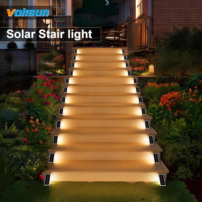 VOLISUN Solar Step Lights for Outside 16 Pack, Solar Stair Lights Outdoor Waterproof IP67, LED Outdoor Step Lights, Outdoor Stair Lights Decor for Deck, Front Step, Front Porch and Patio (Warm White)
