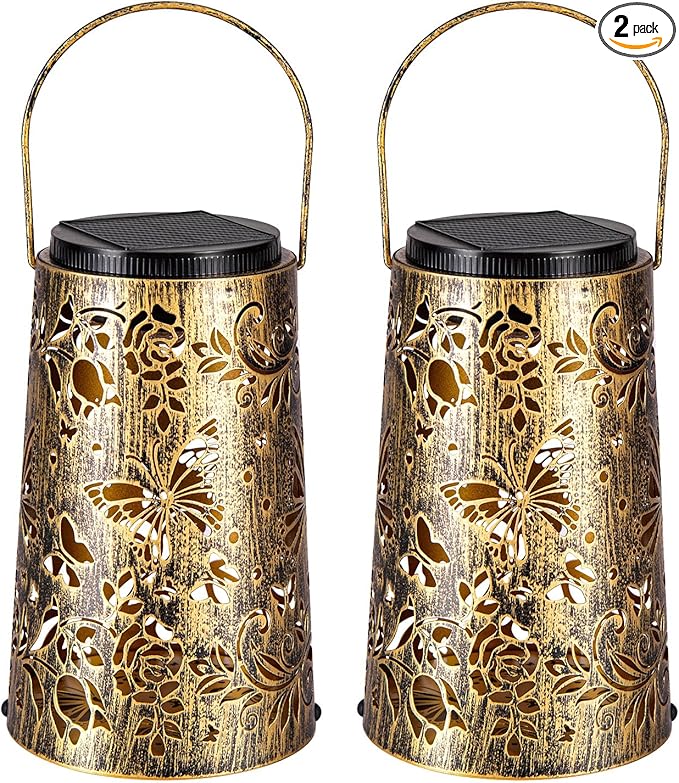 Outdoor Solar Lanterns Large Butterfly Pattern Lantern Hanging Light House Yard Patio Backyard Porch PathwayDecor Gifts for Women Grandma Mom Friends 2pcs