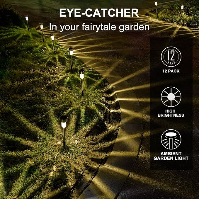 Dream Master Solar Lights Outdoor Waterproof, Stainless Steel LED Landscape Lighting Outdoor Solar Lights for Outside Solar Garden Lights for Pathway, Walkway, Patio, Yard, Lawn - 16 Pack(Warm White)