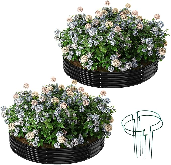 Galvanized Metal Planter Round Raised Garden Bed Kit for Gardening Outdoor，3x3x1ft 2PC Grow Garden Box Raised Flower Bed，Round Galvanized Planter Outdoor Large Metal Fire Pit Ring Black