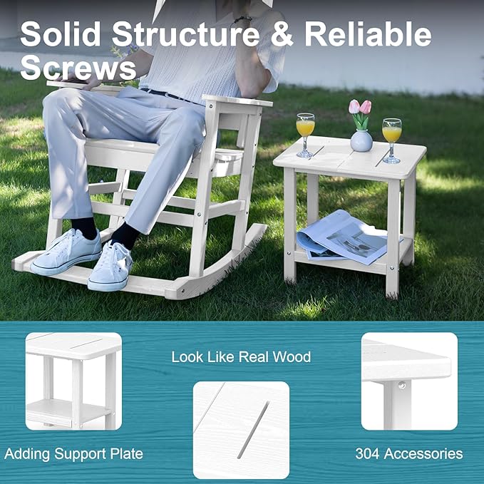 Outdoor Side Table - 2-Tier Storage All Weather Outdoor End Table for Patio - HDPE Morden Easy Maintenance Adirondack Side Table for Pool Porch Balcony Garden Lawn Backyard Outside Indoor
