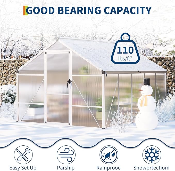 8 x 10 FT Greenhouse, Greenhouses for Outside, Polycarbonate Greenhouse with Aluminum Frame, Lockable Door and Ajustable Roof Vent for Backyard, Green Houses for Outside Garden Backyard, Patio