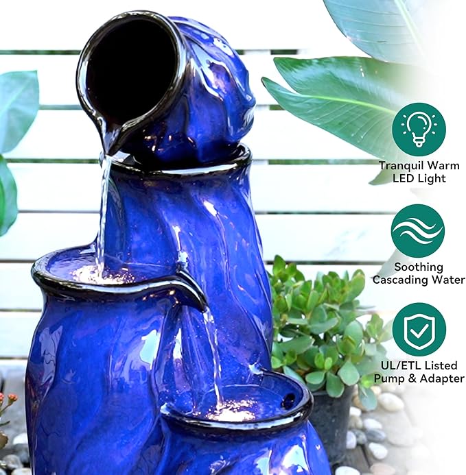 29" Tall Ceramic Water Fountain Outdoor with LED Lights, 4-Tier Cascading Waterfall Garden Fountain, Ideal for Serene Relaxing Patio, Yard or Porch, Cobalt Blue Glaze, Dynamic Wave-Texture