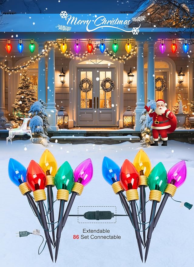4 Pack Outdoor Christmas Decorations - Jumbo Xmas String Lights or Pathway Marker Lights - Large Multicolored Bulbs Hanging Lights Waterproof Lawn Decoration for Holiday Home Tree Roof Yard Garden