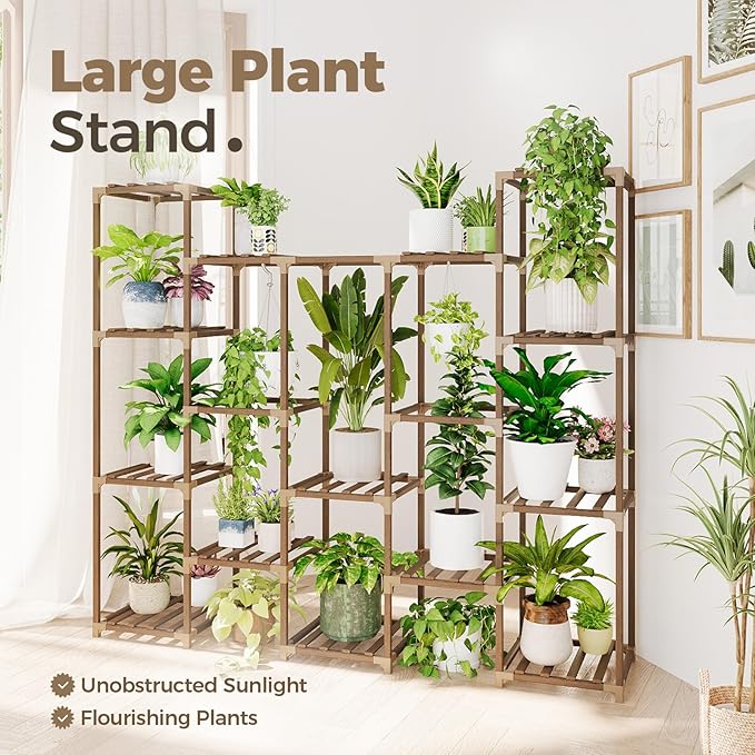Bamworld Large Hanging Plant Stand Indoor Tall Plant Shelf Outdoor 14 Pots Large Plant Rack for Living Room Patio, Balcony and Garden