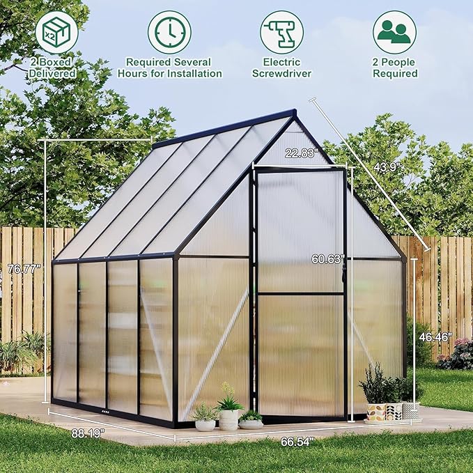 Greenhouse 6x7 FT Aluminum-Framed Heavy Duty Polycarbonate with Quick Setup Structure and Roof Vent Large Enhanced Outdoors Green House Kit