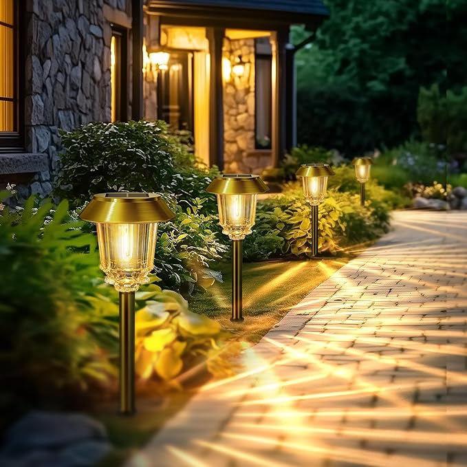 Solar Lights Outdoor Waterproof,4 Pack Gold Pathway Lights with 10-40 LM Dimmable Glass and Metal, Solar Powered Garden Decor for Yard,Patio,Pathway,Driveway(Warm White)