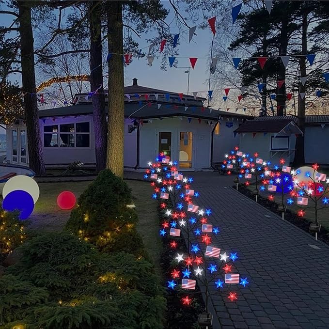 Upgraded 4th of July Decorations Solar Lights, 2 Packs 40LED Red White and Blue 4th of July Stake Lights, Outdoor Waterproof Memorial Day Decorations Patriotic Lights for Garden Yard Pathway Grave