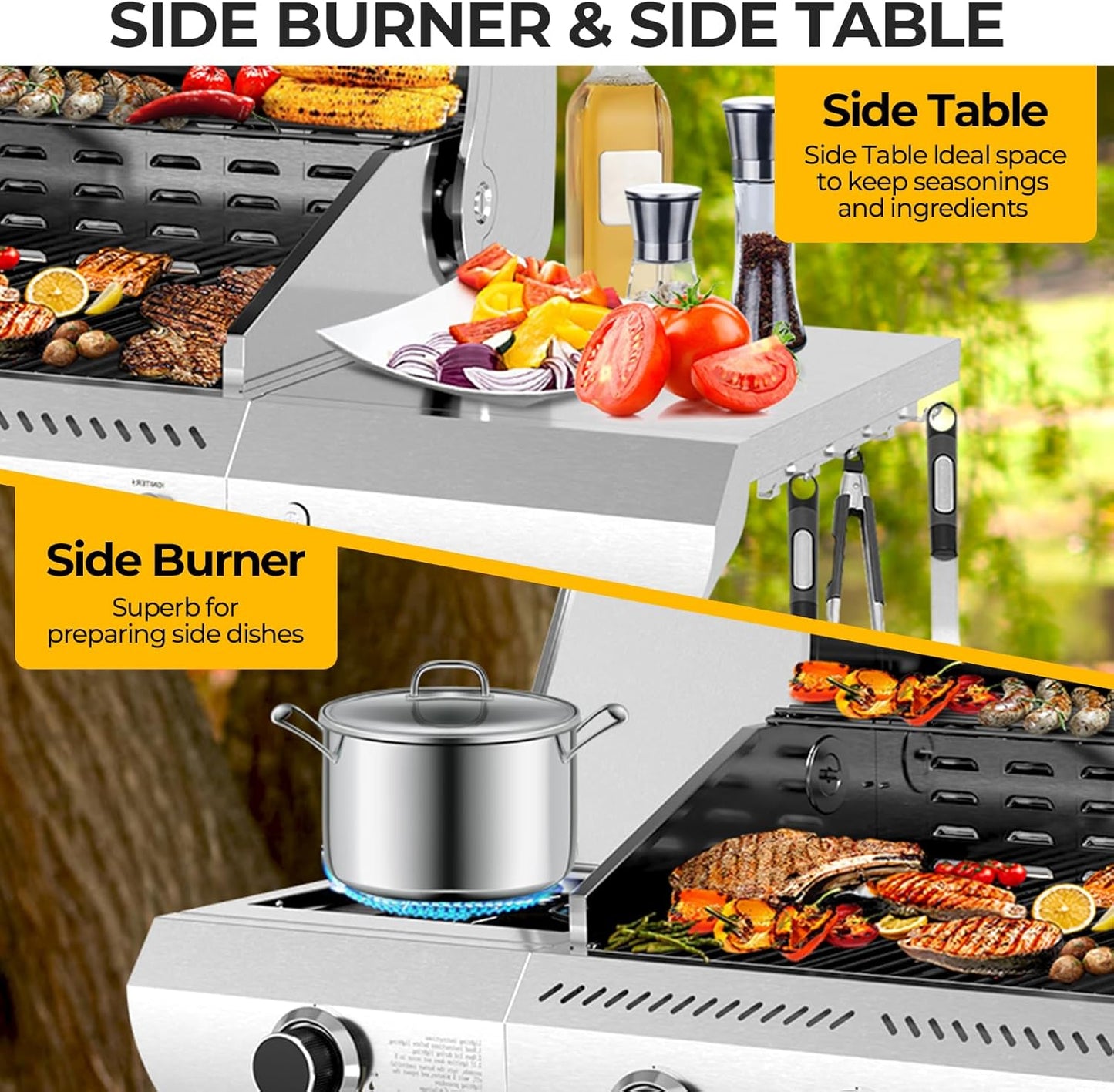 3-Burner Propane Gas Grill with Side Burner – 34,000 BTU Stainless Steel Outdoor BBQ Grill, Cast Iron Grates, Portable with Wheels for Patio, Camping