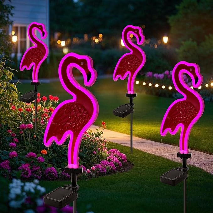 Solar Flamingo Pink Neon Light - 2Pack 42 inch Metal Garden Stake Lights, Flamingo Gifts for Women Path Lighting for Yard Lawn Patio Walkway Decor