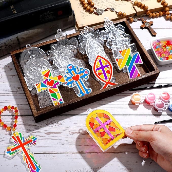 30 Sets Cross Suncatchers Window Art Kits, Christian DIY Sun Catchers Bulk Religious Crafts Paint Your Own Cross Window Ornaments for Boys Girls VBS Sunday School Classroom Home Party Decor