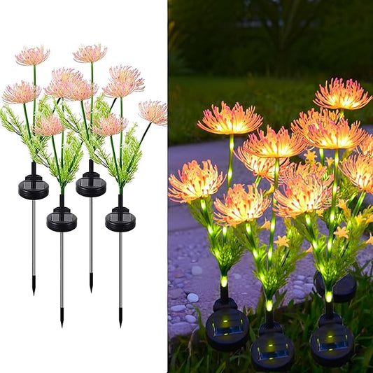 Solar Flower Lights for Garden Decor, 4Pack Pink Flowers with Green Stems, Solar Panel and Stake, Waterproof Solar Plant Lights for Outdoor Yard, Lawn, Path Decorations
