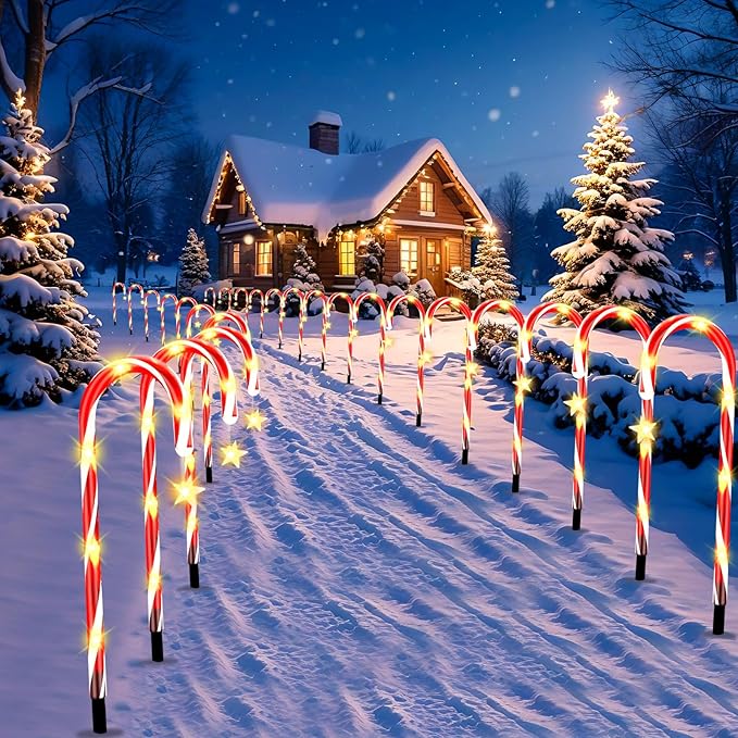 2 Set 24 Pack Upgraded Solar Christmas Candy Cane Lights, 18.6 Inch 144LED Outdoor Pathway Stake Lights with 8 Modes, Solar Candy Cane Lights for Decor Lighting Walkway Yard Garden Xmas Decorations