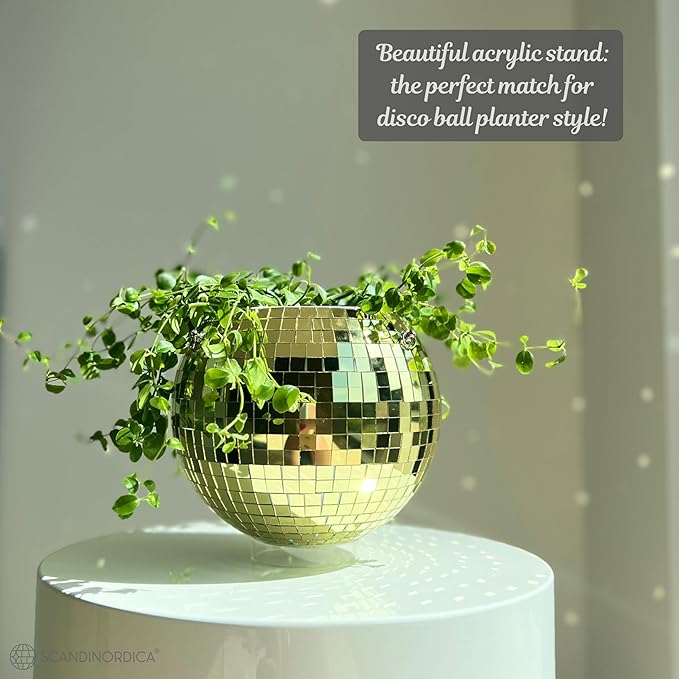 SCANDINORDICA Disco Ball Planter – Value Package: Mirror Disco Planter with Chain, Macrame Hanger and Acrylic Stand for Desk, Includes Self Watering Insert, Disco Decor | 8 inch Gold