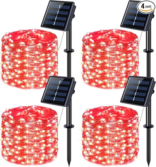 JMEXSUSS 4 Pack Red Solar Fairy Lights, Total 400 LED 132FT Red Solar Lights Outdoor Waterproof, 8 Modes Copper Wire Solar String Lights for Outside Patio Christmas Valentine Day Decorations