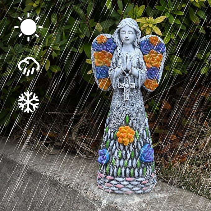 Yiosax-Garden Angels Outdoor Statue-Solar Lights Decor - Solar Angels for Cemetery Grave Cross Praying Succulent Wings Remembrance Angel Figurine Lawn Yard Decorations, White, Yiosax-Angel04