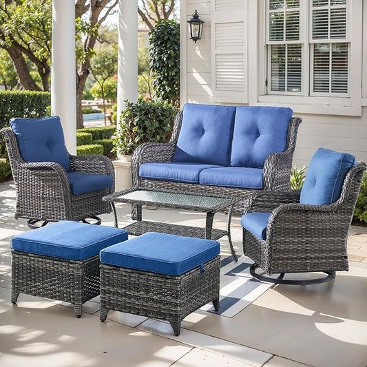 Outdoor Wicker Patio Furniture Set - 6 Piece Rattan Patio Conversation Set with 2 Rocking Swivel Chairs,2 Ottomans,1 Loveseat and 1 Coffee Table for Porch Deck Backyard Garden(Mixed Grey/Blue)