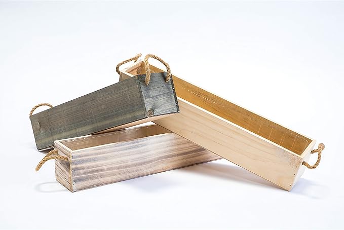 20" Rectangular Rustic Wood Planter with Handle and Plastic Liner l Rustic Whitewash l Country Style, Home and Wedding Decorations, Garden Ornaments (20x4 w Handle Set of 2, Whitewash)