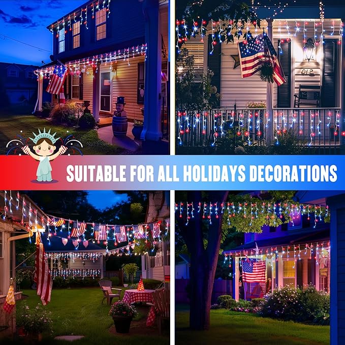 JMEXSUSS Icicle Lights for 4th of July Decor, 400 LED Red White and Blue Icicle Lights for Outside, 38.8 Ft Independence Day Icicle String Lights Indoor Outdoor Holiday Christmas American Flag Decor