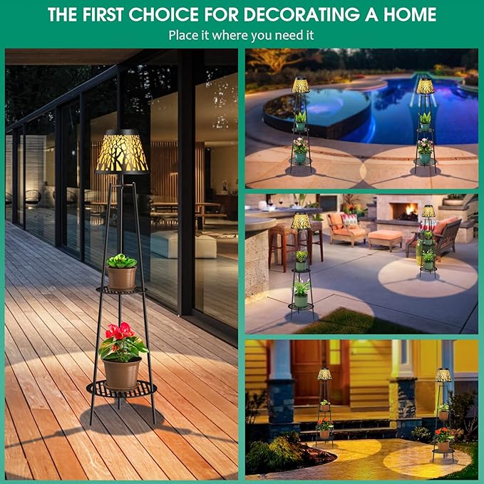 2 Pack Metal Solar Floor Lights Outdoor with Plant Stands, 45.5'' Solar Powered Street Lights, Solar Lantern for Garden Yard Pathway Driveway Porch