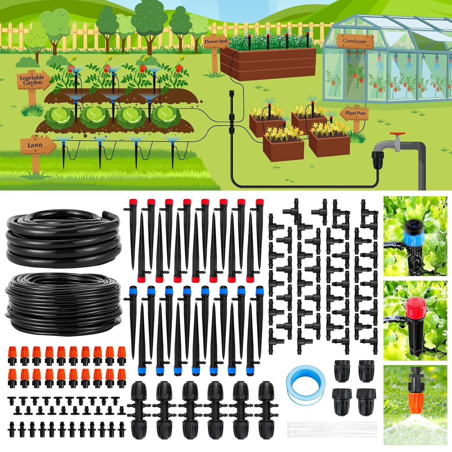 240FT Drip Irrigation System,Automatic Drip Irrigation Kit with 1/2 inch Hose 1/4 inch Distribution Tubing and Accessories,for Lawn Raised Bed Greenhouse Plant Watering System