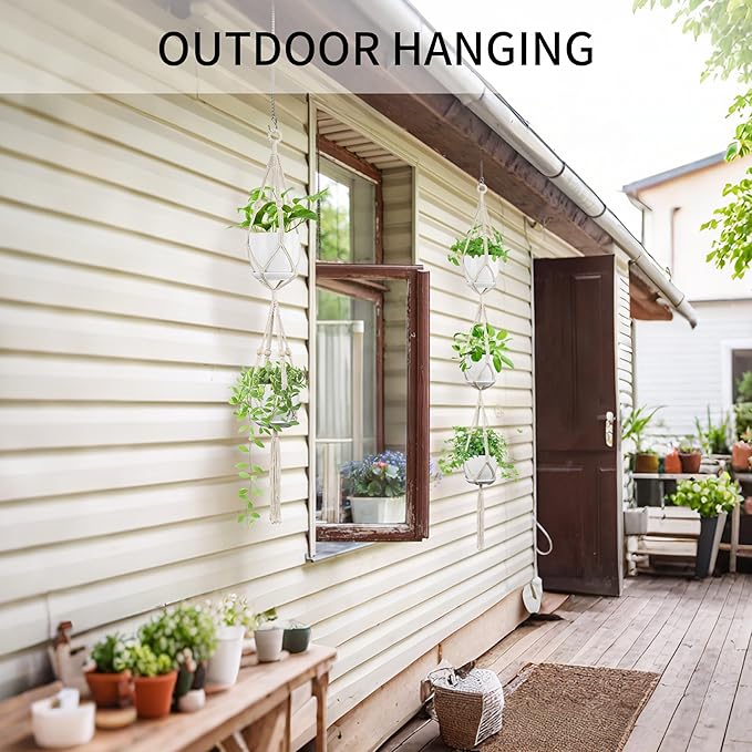 2 Pack Macrame Plant Hanger (49"&72"), Fits 4-8" Pots, 2 Tier+3 Tier Indoor Outdoor Hanging Planter Basket Flower Pot Holder, Boho Home Decor, Ivory (POTS NOT Included)