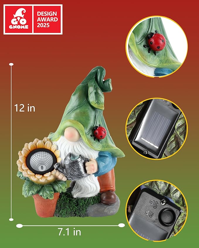 Solar-Powered Garden Gnome Watering Can Sunflower - 12 in Garden Decor Gnomes Decorations for Yard Lawn Ornaments Outside Statue Figurine LED Lights (Gnome)