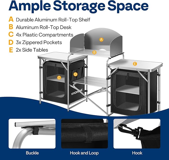 VIVOHOME Folding Camping Kitchen Station Table with Storage Organizer, 2 Side Tables, Stainless Steel Windscreen, Outdoor Portable Cook Station for BBQ, Picnics