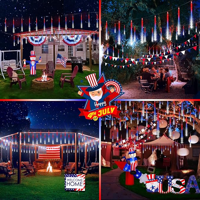 KNONEW 24 Tube Red White and Blue Meteor Shower Lights 4th of July Decorations,16 in 672 LEDs String Lights,52FT Plug in Waterproof Outdoor Lights for Independence Day House Tree Party Decor