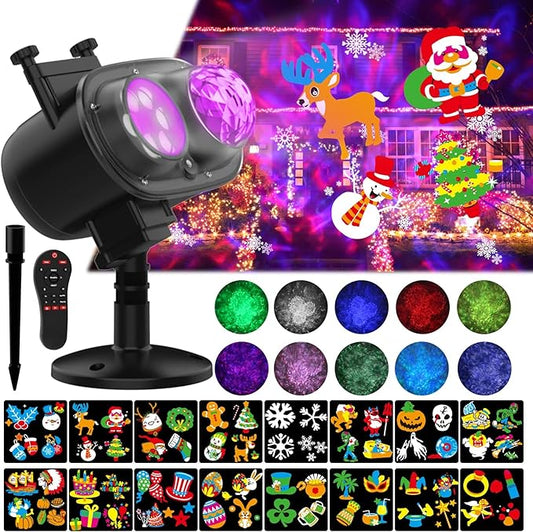 Slide Show Christmas LED Holiday Projector Outdoor, Waterproof 2-in-1 Ocean Wave Effect Christmas Projector Lights with 16 Slides Patterns & 10 Colors for House Garden Yard Xmas Decorations