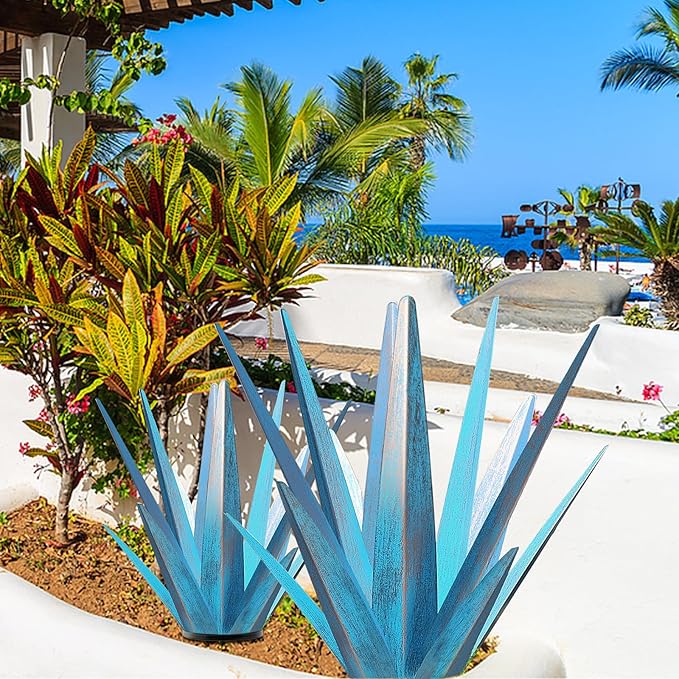 Enlarge Metal Plants Tequila Rustic Sculpture, Outdoor Patio Yard, Home Decor Hand Painted Agave Garden Statue, Outdoor Lawn Ornaments Yard Stakes for Mom Gift (1 Big&Large Blue)