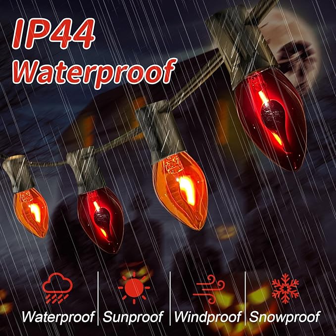 25Ft C7 Halloween Orange Purple String Lights Outdoor, Christmas Decorations Patio Lights with 25 Orange/Purple Flickering Flame Lights Waterproof UL Listed for Outdoor Party Garden Bistro Roof Decor