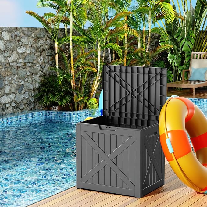 32 Gallon Outdoor Deck Box,Storage Lockable Waterproof Patio Furniture,Garden Tools,Cushions,Pool Accessories Outside Storage Resin Box(Blackn)