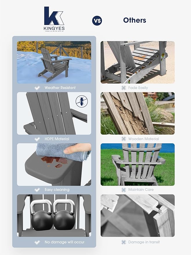 KINGYES Folding Adirondack Chair Set of 4, Dual Cup Holders & All-Weather HDPE, Wood-Like Patio Chair for Backyard, Camping, Pool & Fire Pit, Grey