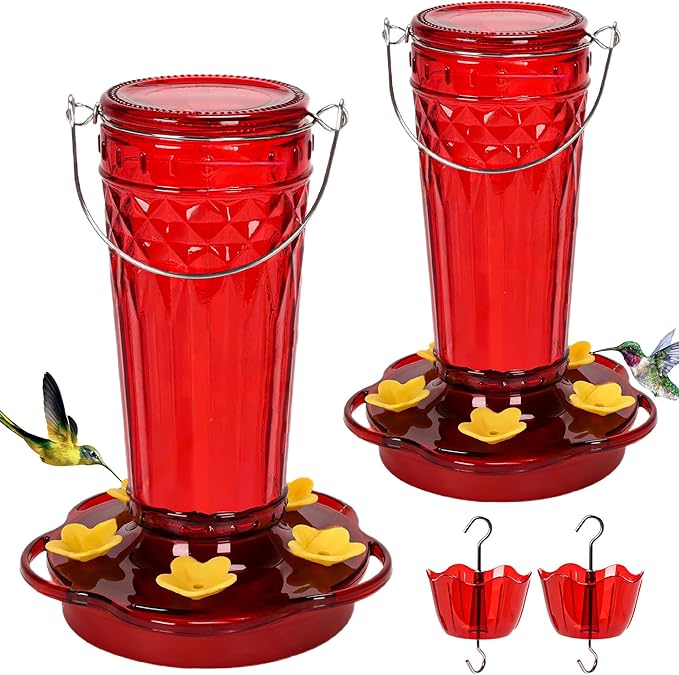 Hummingbird Feeder 2pack-14Ounces，5 Feeding Ports Glass Hummingbird feeders for Outdoors,Wide Mouth for Easy Filling/Cleaning，Hanging for Garden Backyard Decor, Includes Ant Moat (Red)