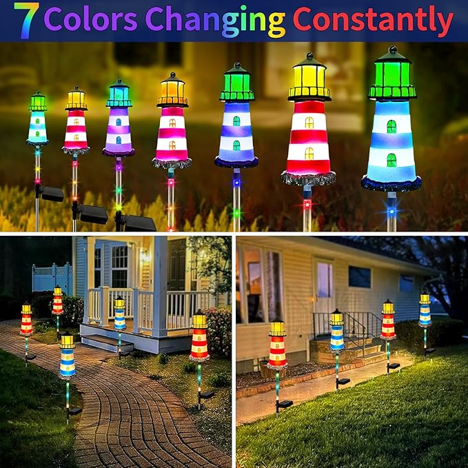 Solar Lights Outdoor Waterproof, Lighthouse Lights 4 Packs 7 Light Color Changes Suitable for Outdoor Gardens, Walkway Light Lawn, Flower Bed Solar Garden, Patio Decoration,