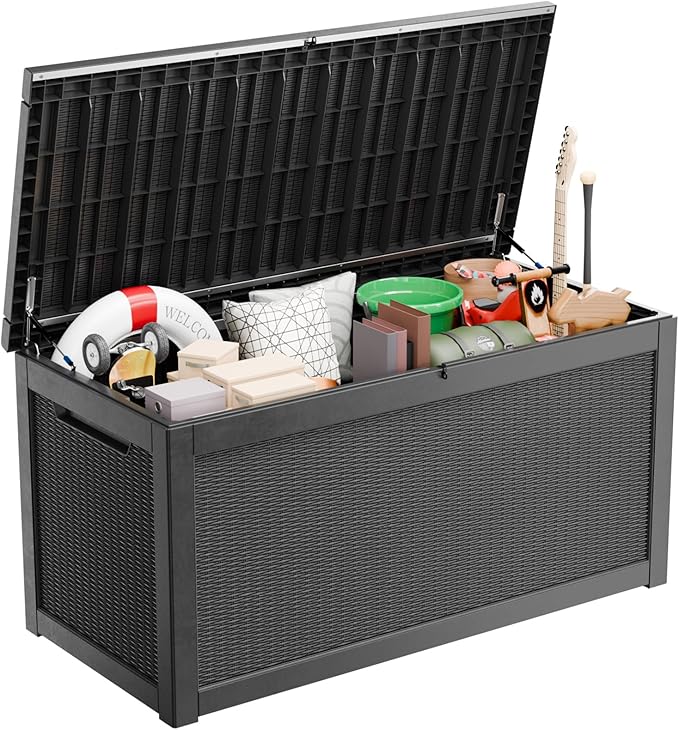 260 Gallon Large Resin Deck Box, Lockable Outdoor Storage Box for Patio Cushions Storage Furniture,Garden Tools, Pool Supplies, Weatherproof and UV Resistant-Black Rattan (260 Gallon)