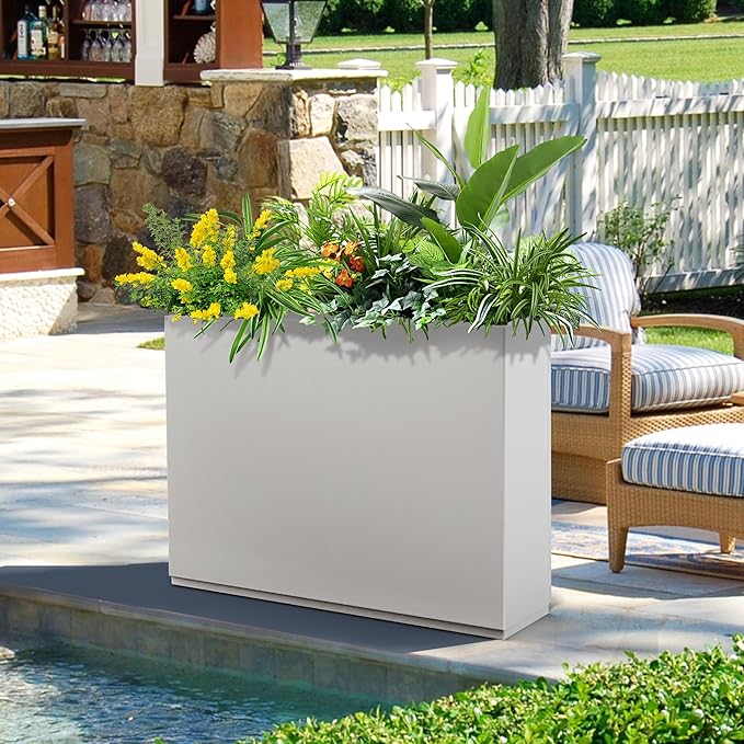 FENCY Metal Rectangular Planter Box Large Planters for Outdoor Plants, Tall Planters for Outdoor Plants with Drainage Holes, Rectangular Planters for Outdoor Plants (35.4" L x 9" W x 25.6" H,White)