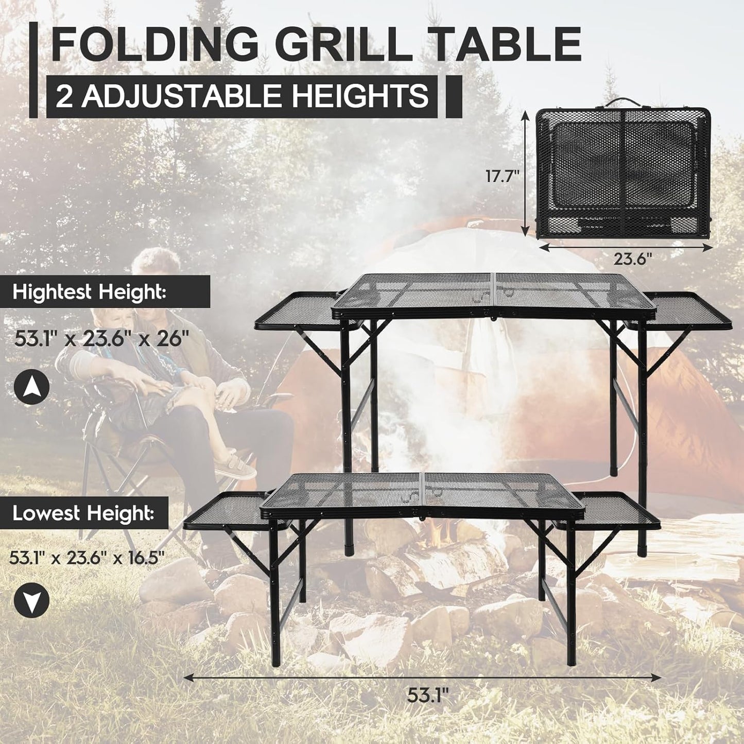 Folding Grill 4.4 FT Portable Camping Table with 2 Wing Panels, Height Adjustable Metal Outdoor Table with Mesh Desktop and Mesh Bag, Picnic, Beach and BBQ, Party, Black