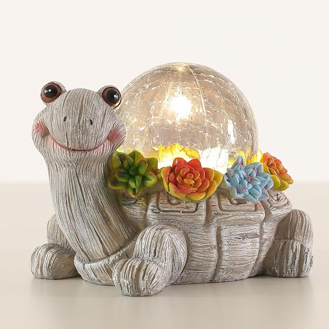 Solar Turtle Statue Garden Decor with Succulent Cracked Glass LED Lights Outdoor Decor Tortoise Figurines for Yard Lawn Balcony Patio Mom Decorations Women Birthday Housewarming Gifts