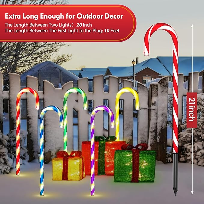 WeGuard 10PK Christmas Candy Cane Pathway Lights Outdoor Decorations 21" 8 Lighting Modes Flashing Waterproof Outdoor Lighted Christmas Decor for Garden Yard
