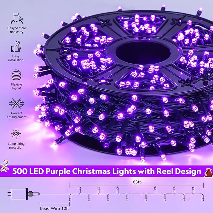 JMEXSUSS 500 LED Purple Christmas Lights, 173ft 8 Modes Christmas String Lights Outdoor Waterproof, Green Wire Purple LED Christmas Tree Lights for Indoor Party House Christmas Decorations