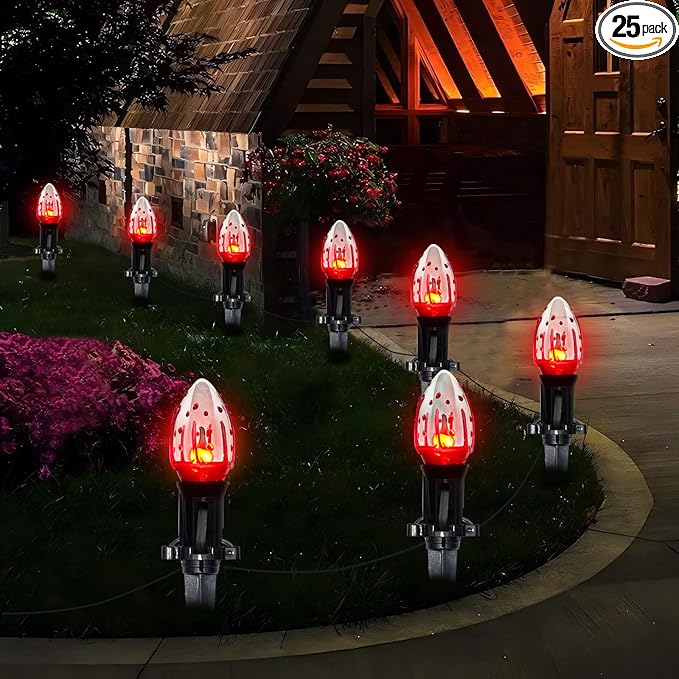 C9 Halloween Pathway Lights Outdoor, 38Ft Halloween Blood Teardrop Pathway String Lights with 25 C9 Flicker Flame Lights, Halloween Decoration Walkway Lights for Outdoor Pathways Gardens and Yards
