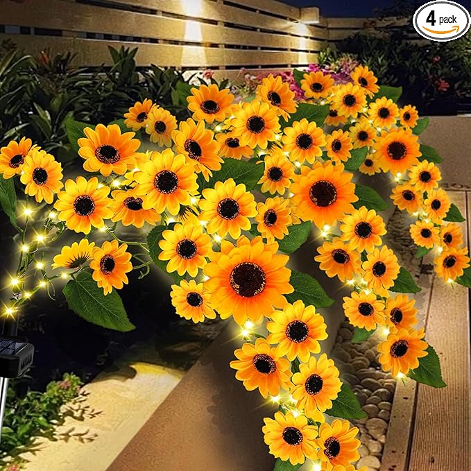 Solar Garden Lights Outdoor, 4 Pack Sunflower Lights with 92 Lifelike Sunflower, Waterproof 360 Bright LED Fall Garden Decor Solar Flowers for Patio Flowerbed Yard, Gift for Mom