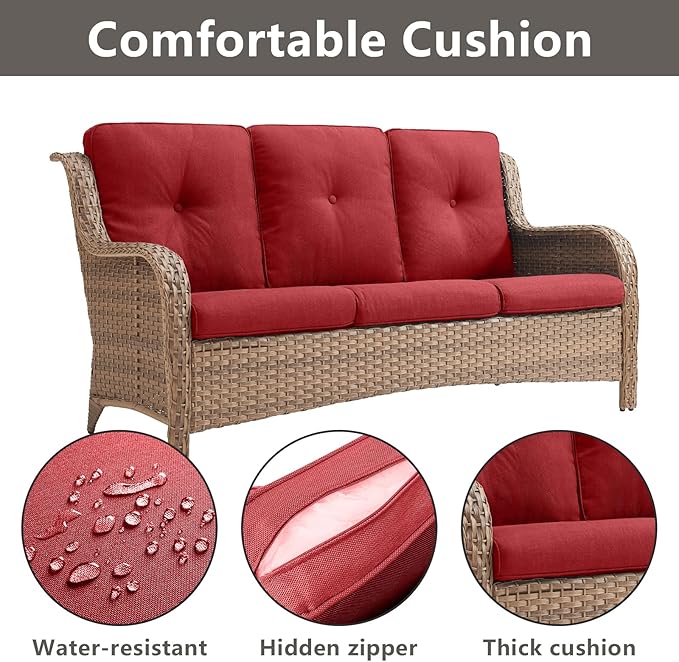 Outdoor Wicker Patio Furniture Set - 6 Piece Rattan Patio Conversation Set with 2 Rocking Swivel Chairs,2 Ottomans,1 Sofa and 1 Side Table for Porch Deck Backyard Garden(Yellow/Red)