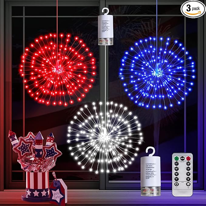 3 Pack 4th of July Lights Decorations 480 LED Remote&Time 8 Light Mode Red White and Blue Firework Lights Battery Operated, American Flag Patriotic Memorial Day Independence Day Outdoor Decor
