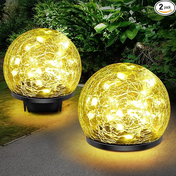2 Pack 60 LED Solar Garden Lights Outdoor Decoration, Cracked Glass Solar Globe Lights, Upgraded Waterproof Warm White Ball Lights for Yard Pathway Patio Halloween Christmas Outside Decor
