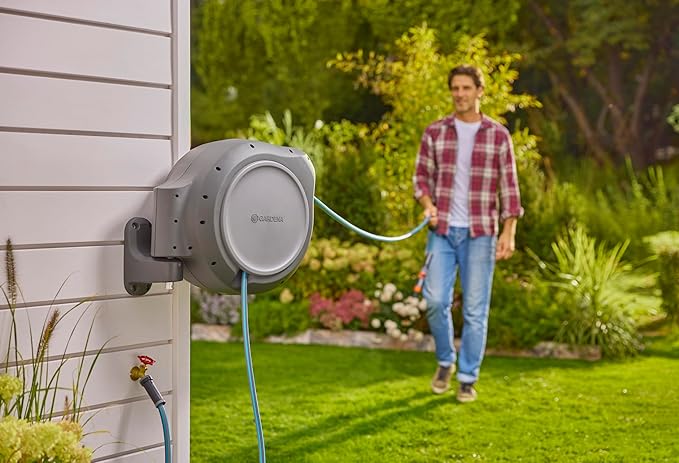 GARDENA 20502, Retractable Garden Hose Reel 75' x 1/2" hose, Wall Mounted, Automatic Retraction & Length Lock for Easy Watering. Heavy Duty Swivel Bracket 180°, Includes Nozzle. Made in Europe