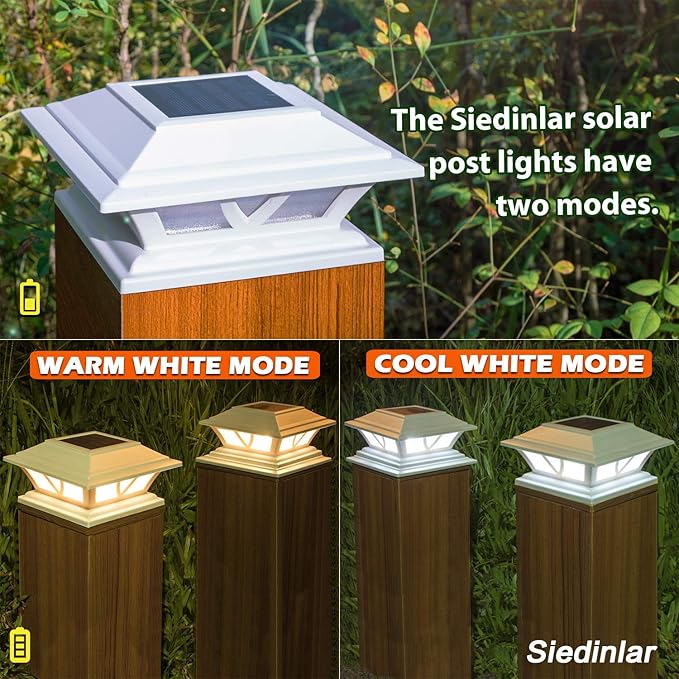 SIEDiNLAR Solar Post Lights Outdoor 2 Modes LED Fence Deck Cap Light for 4x4 5x5 6x6 Posts Garden Patio Decoration Warm White/Cool White Lighting White (8 Pack)