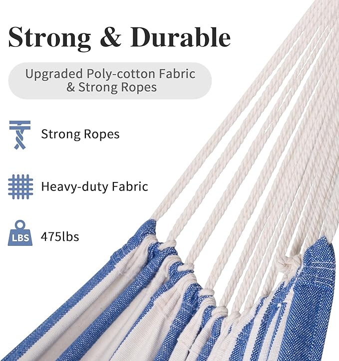 SUNCREAT Large Hammocks for Outside, Long Replacement Hammock Two Person for Stand, Blue White Stripes